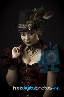 Steampunk Young Woman Emotional Portrait Stock Photo