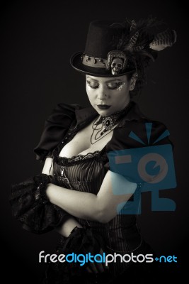 Steampunk Young Woman Emotional Portrait Stock Photo