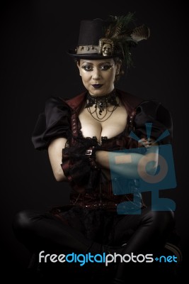 Steampunk Young Woman Emotional Portrait Stock Photo