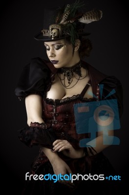 Steampunk Young Woman Emotional Portrait Stock Photo