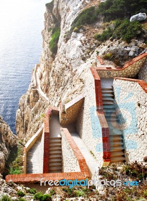 Steep Staircase Built On A Mountain Overlooking The Sea Stock Photo