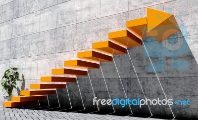 Steps To Move Forward To Next Level, Success Concept, Orange Staircase With Arrow Sign And Concrete Wall In Exterior Scene Stock Image