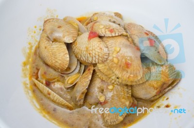 Stir Fried Clams With Roasted Chili Paste,thai Food Stock Photo