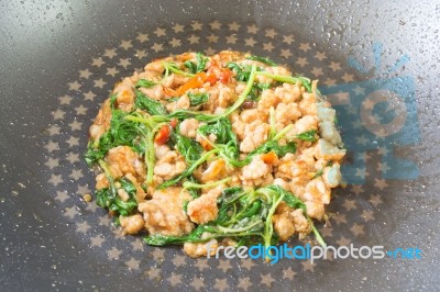 Stir-fried Pork And Basil In Pan Stock Photo