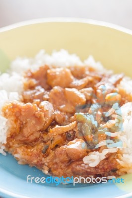 Stirred Pork With Sauce Top On Rice Stock Photo