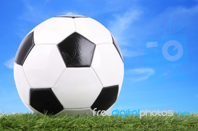 Stitch Leather Soccer Ball On Field Blur Blue Sky Stock Photo