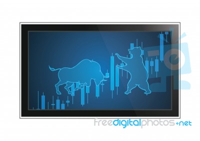 Stock Market Bull Bear Candle Stick Monitor Stock Image