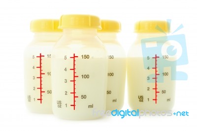 Stock Of Milk Bottle Front Focus On White Background Stock Photo