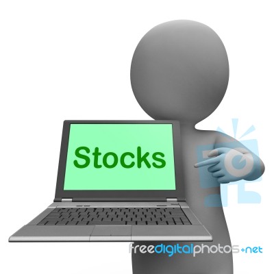 Stocks Laptop Shows Dow Investment And Stock Market Stock Image