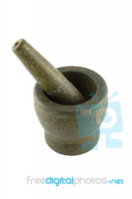 Stone Mortar And Pestle For Crack Ingredient Cooking Stock Photo