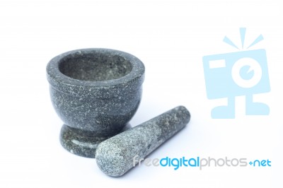 Stone Mortar And Pestle On White Background Stock Photo