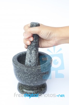 Stone Mortar And Pestle On White Background Stock Photo