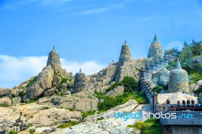 Stone Mounds At Haedong Yonggungsa Temple In Busan, South Korea Stock Photo