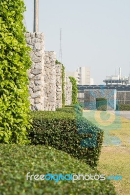 Stone Wall In The Garden For Background Stock Photo