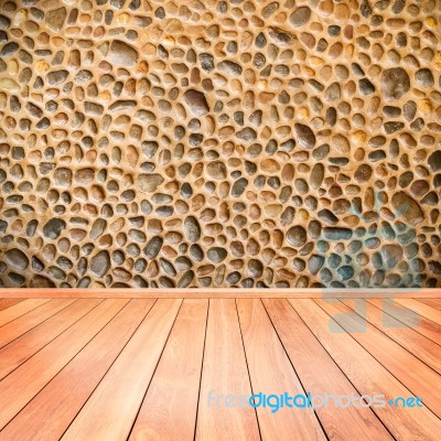 Stone Wall Interiors With Wood Floor Foreground Stock Photo