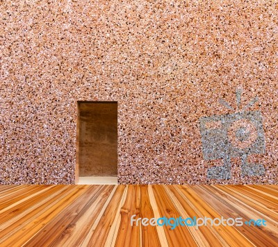 Stone Wall With Door And Wood Floor In Front Off Stock Photo