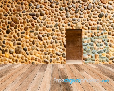 Stone Wall With Door And Wood Floor In Front Off Stock Photo