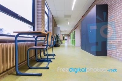 Storage Cabinets In High School Corridor Stock Photo