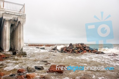 Storm At Sea In Winter Stock Photo