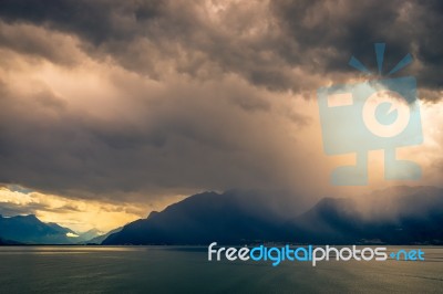 Storm Passing Over Lake Geneva In Switzerland Stock Photo