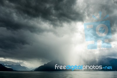 Storm Passing Over Lake Geneva In Switzerland Stock Photo