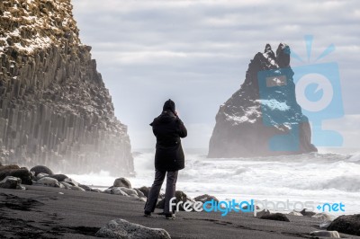 Stormy Weather At Reynisfjara Volcanic Beach Stock Photo