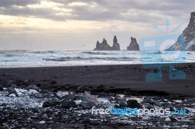 Stormy Weather At Reynisfjara Volcanic Beach Stock Photo