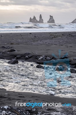 Stormy Weather At Reynisfjara Volcanic Beach Stock Photo