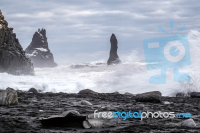 Stormy Weather At Reynisfjara Volcanic Beach Stock Photo