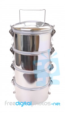 Straight Face Metal Tiffin Carrier On White Background Stock Photo