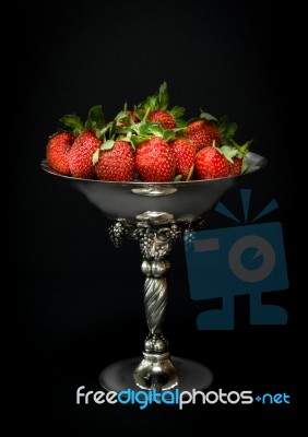 Strawberries In Antique Silver Jacob Jensen Bowl Stock Photo