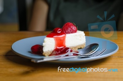 Strawberry Cheesecake On Dish Stock Photo