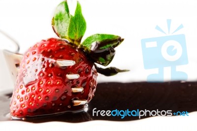 Strawberry With Liquid Chocolate Stock Photo