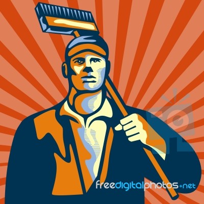 Street Cleaner Holding Broom Front Retro Stock Image