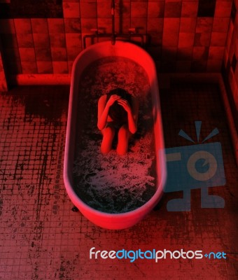 Stress Woman Sitting In Bathtub,horror Concept 3d Illustration Stock Image