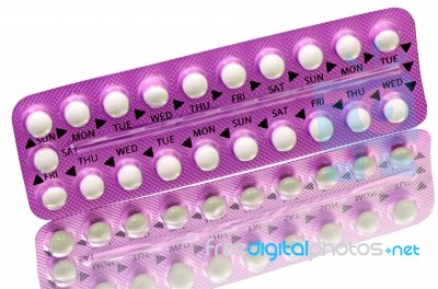 Strip Of Contraceptive Pill With English Instructions Isolated On White Background With Clipping Path Stock Photo