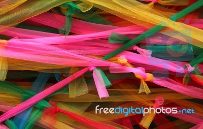 Strips Of Different Colored Fabric Ribbons Decorate A Bodhi Tree… Stock Photo