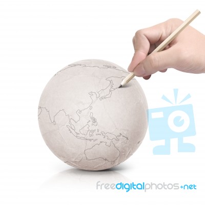 Stroke Drawing Asia Map On Paper Ball Stock Photo