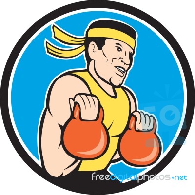 Strongman Lifting Kettlebell Circle Cartoon Stock Image