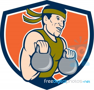 Strongman Lifting Kettlebell Crest Cartoon Stock Image