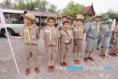 Student 11-12 Years Old, Scout Assembly, Teepangkorn Scout Camp In Samut Sakhon Thailand Stock Photo