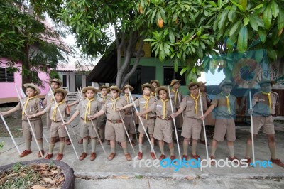 Student 11-12 Years Old, Scout Assembly, Teepangkorn Scout Camp In Samut Sakhon Thailand Stock Photo