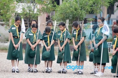 Student 11-12 Years Old, Scout Assembly, Teepangkorn Scout Camp In Samut Sakhon Thailand Stock Photo