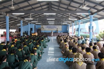 Student 11-12 Years Old, Scout Assembly, Teepangkorn Scout Camp In Samut Sakhon Thailand Stock Photo