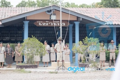 Student 11-12 Years Old, Scout Assembly, Teepangkorn Scout Camp In Samut Sakhon Thailand Stock Photo