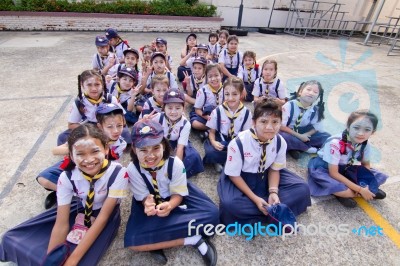 Student 9-10 Years Old, Scout Assembly, Scout Camp In Bangkok Thailand Stock Photo