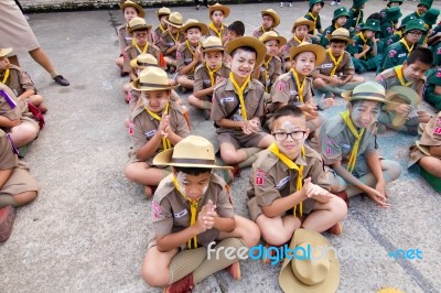 Student 9-10 Years Old, Scout Assembly, Scout Camp In Bangkok Thailand Stock Photo