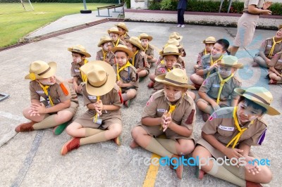 Student 9-10 Years Old, Scout Assembly, Scout Camp In Bangkok Thailand Stock Photo