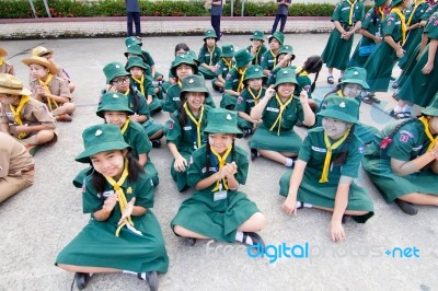 Student 9-10 Years Old, Scout Assembly, Scout Camp In Bangkok Thailand Stock Photo