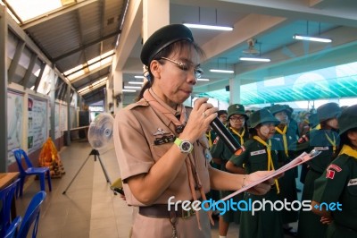 Student 9-10 Years Old, Scout Assembly, Scout Camp In Bangkok Thailand Stock Photo